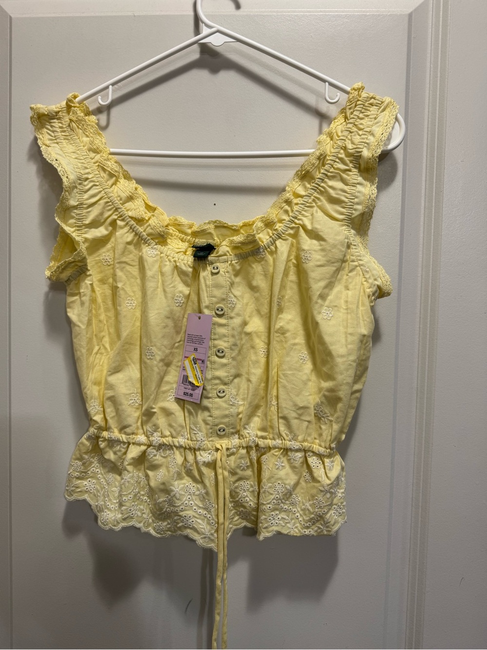 & Other Stories Pale Yellow Eyelet Ruffle Button-Up Peplum Top